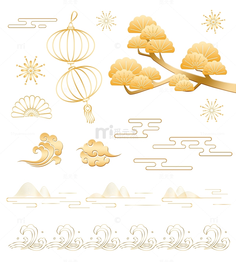 中式复古烫金线条海报装饰中国风元素