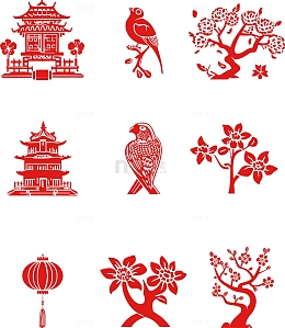 春节剪纸合集花鸟树灯笼建筑