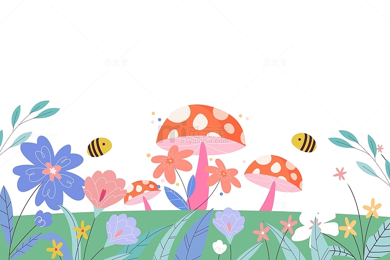 春日卡通花草蘑菇手绘