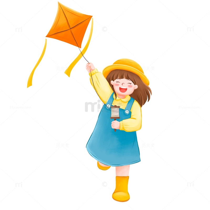 放风筝的可爱小女孩插画元素