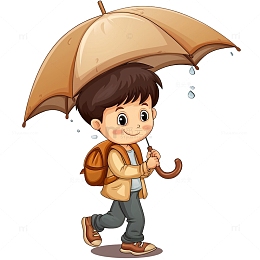 雨水打着雨伞的小男孩