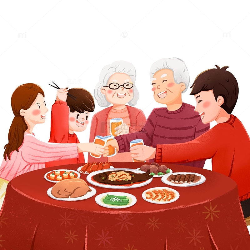 团圆饭年夜饭一家人坐在一起吃饭插画