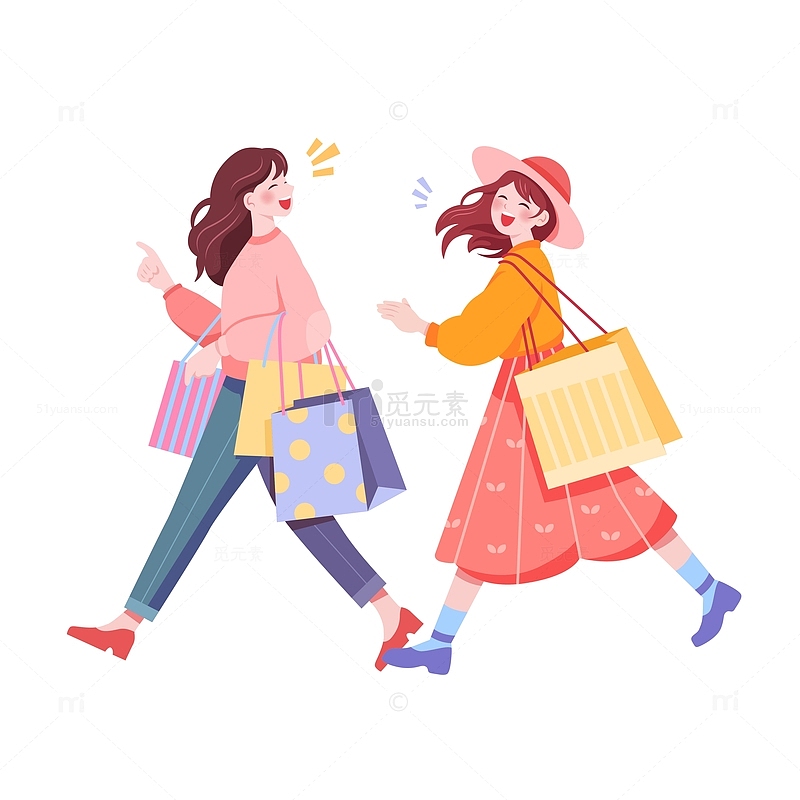 两位开心逛街购物消费的女性朋友