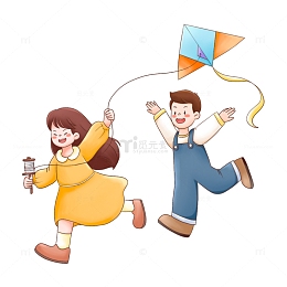 春天户外放风筝玩耍的儿童