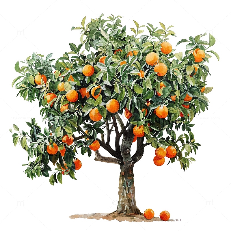 橙子树水彩插画