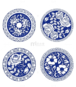 中国传统刺绣装饰古典青花瓷花纹素材