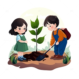 绿色卡通风格植树节男孩，女孩植树