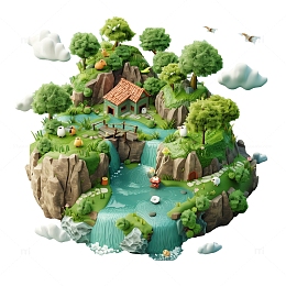 3D建筑山脉春天山水植物建模元素