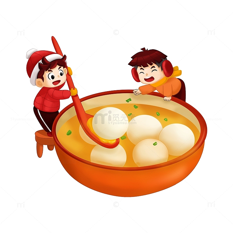 元宵春节吃汤圆的卡通儿童