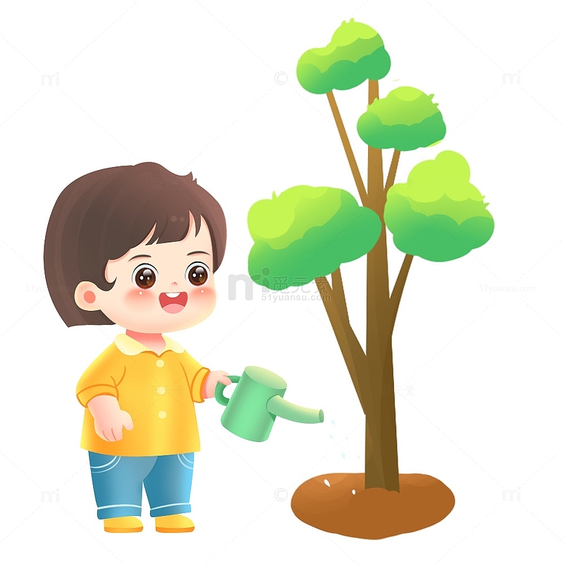 植树节可爱的女孩给树苗浇水元素