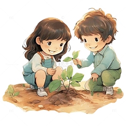 手绘插画植树节小朋友一起种树