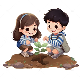 小朋友在一起种树苗植树节手绘插画元素