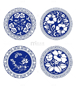 中国传统青花瓷刺绣装饰花纹素材