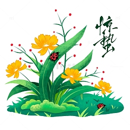 手绘春天惊蛰植物花朵瓢虫元素
