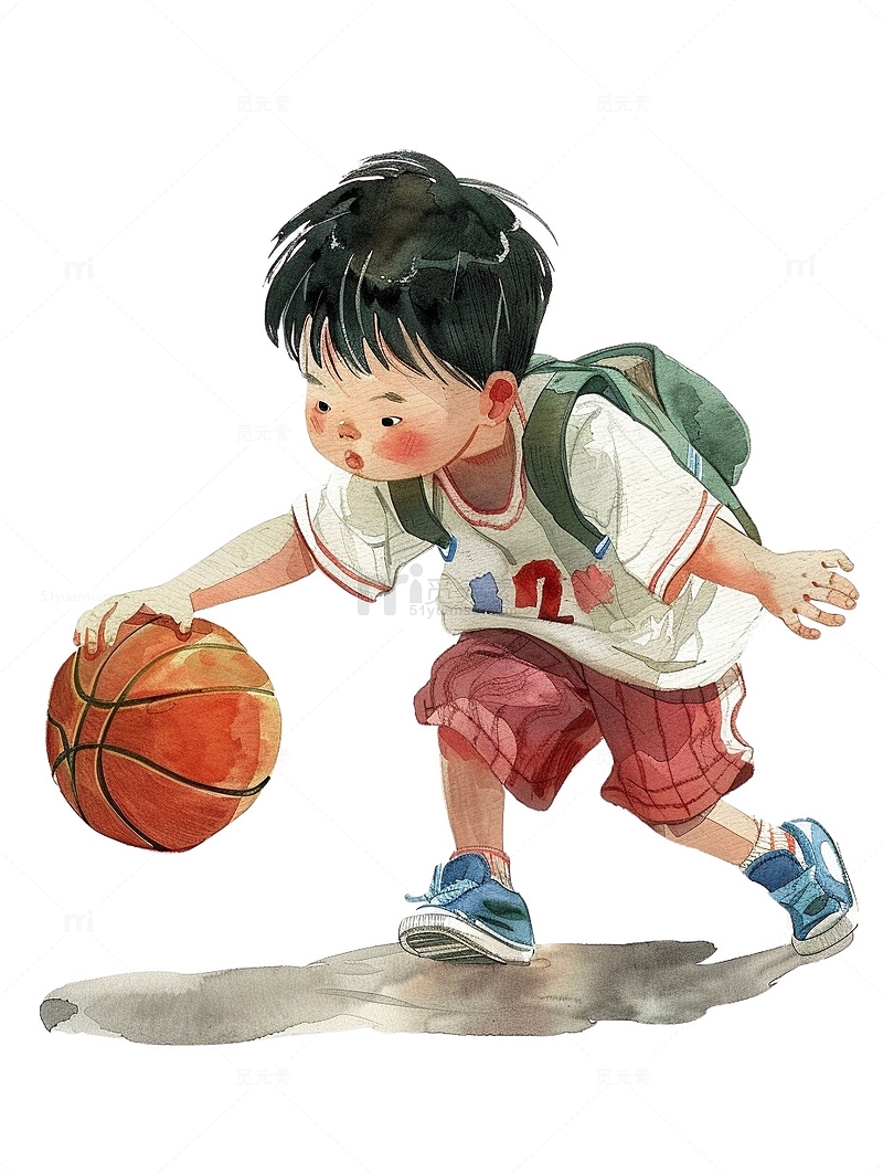 水彩风打篮球的小男孩