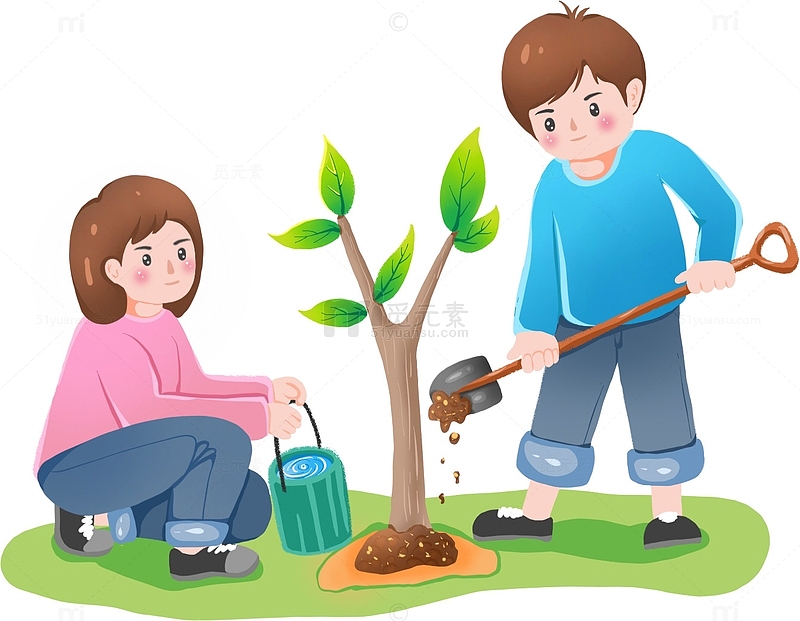 植树人物场景植树节儿童浇水种树