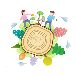 年轮植树人物场景植树节浇水儿童种树