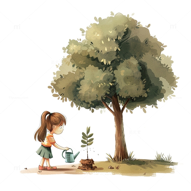 手绘植树节小女孩给树浇水
