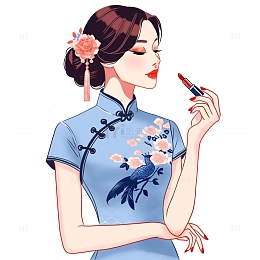 蓝色旗袍女人国潮插画