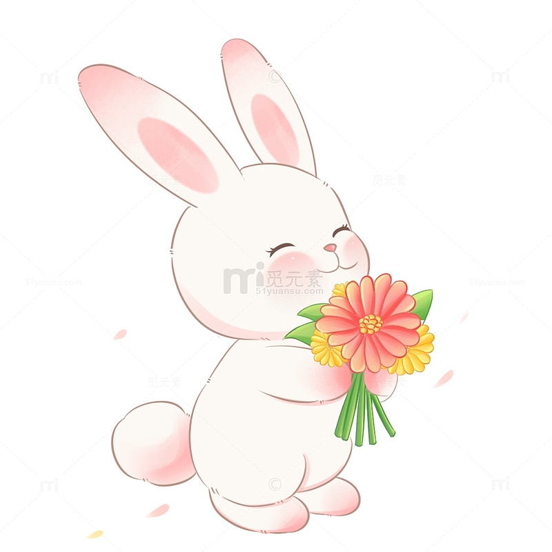 春天手拿鲜花的可爱兔子元素