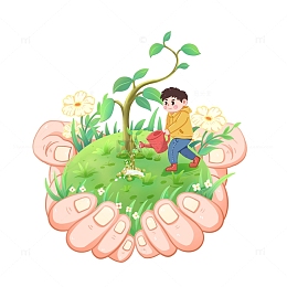 卡通植树节创意人物种树男孩种树元素