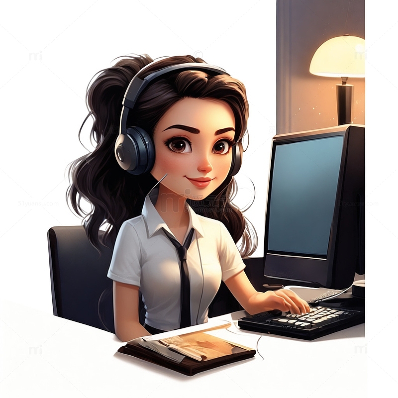 坐在电脑前带着耳机的卡通女性人物