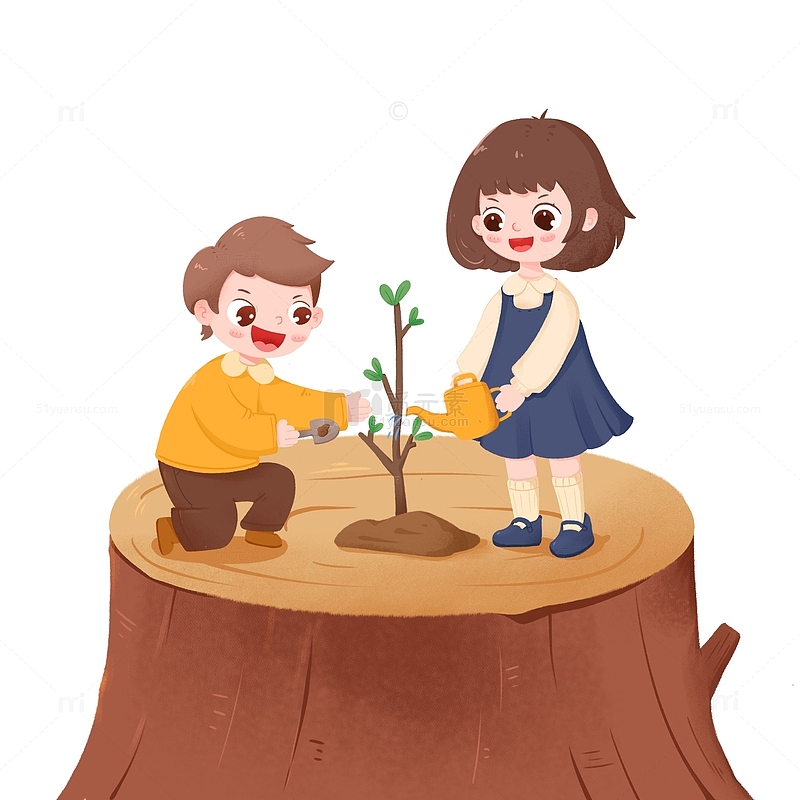 卡通手绘两个小朋友在木桩上植树创意元素