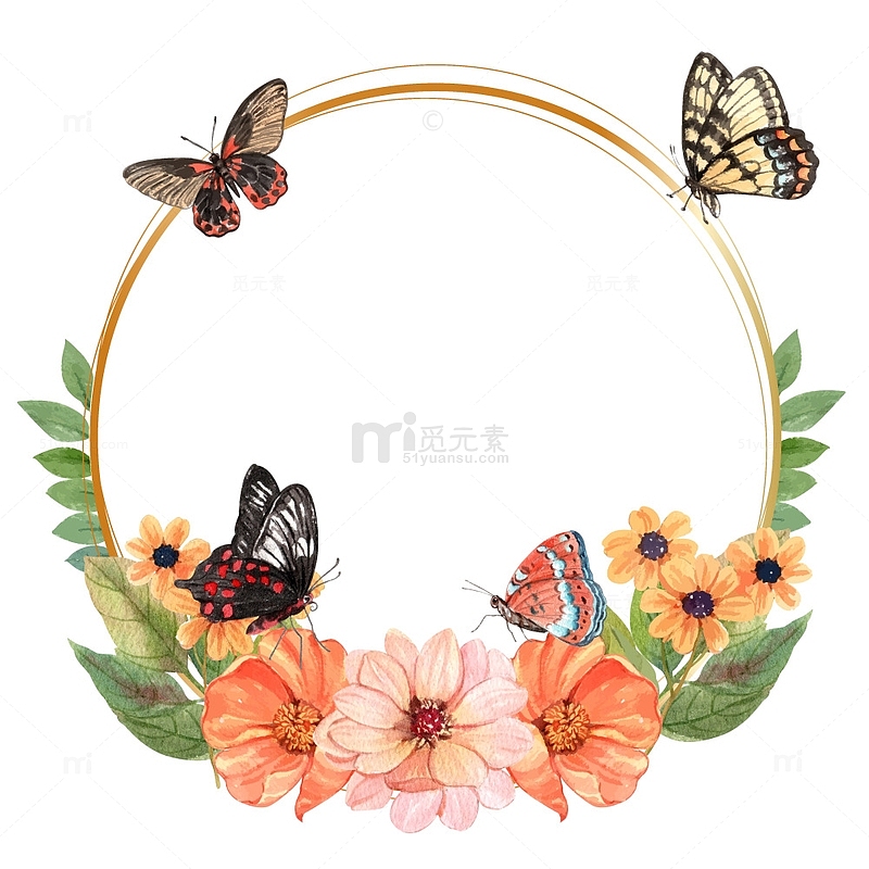 鲜花植物蝴蝶圆形边框