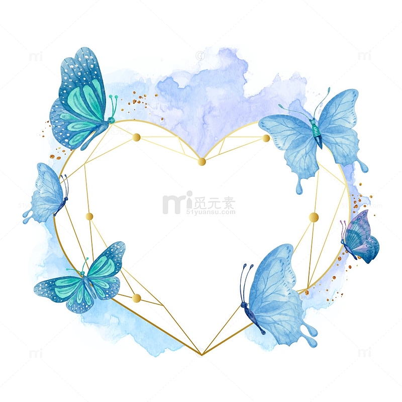 蓝色水彩轻奢心形蝴蝶边框