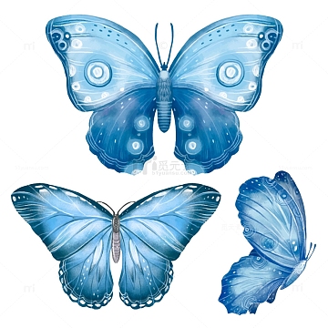 蓝色唯美手绘蝴蝶元素
