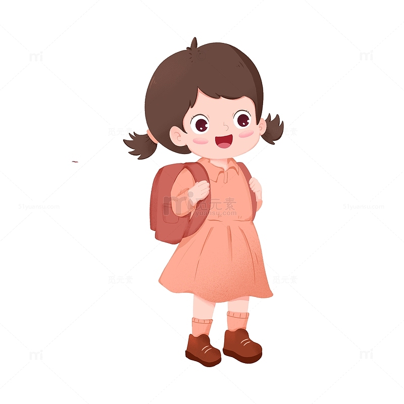 卡通手绘女孩背着书包开心上学免抠元素