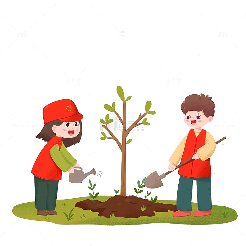 卡通手绘两个志愿者在草地植树元素