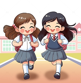学生一起去上学插画