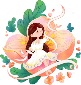 春天粉色花卉桃花女孩妇女节绿色植物插画