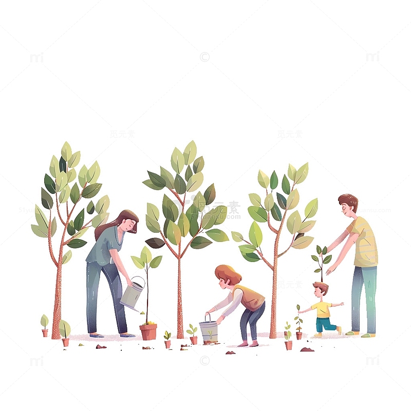卡通手绘一家人种树场景