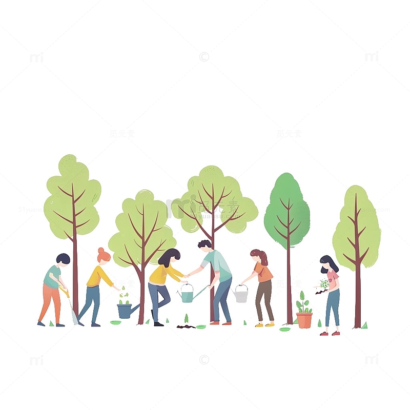 卡通手绘一群人劳动种树