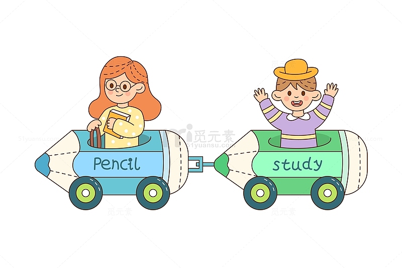 卡通线描幼儿园铅笔车装饰元素