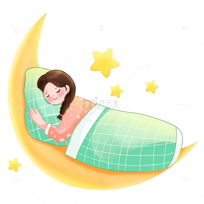 卡通可爱月亮上睡觉的女孩元素