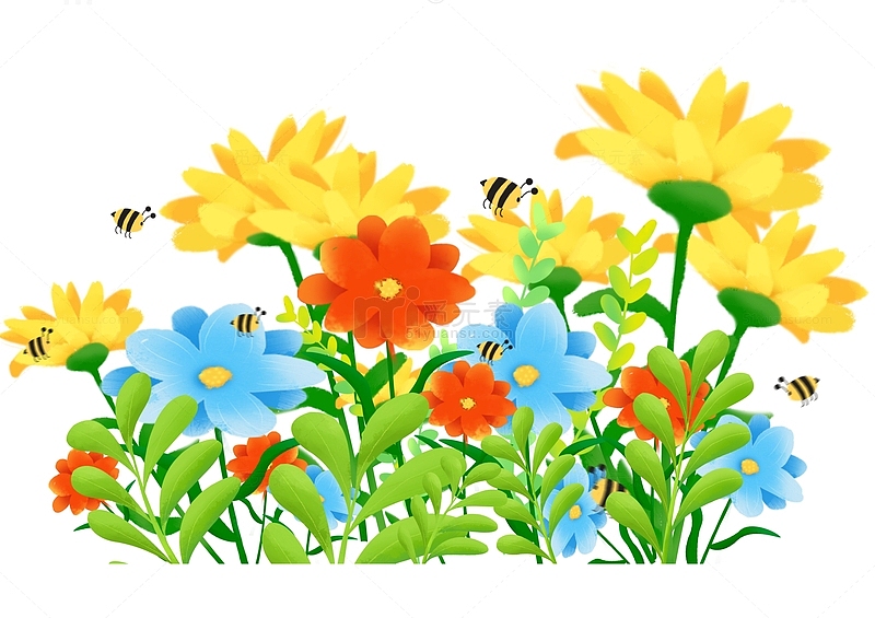 春天黄色草丛花朵蜜蜂海报底部装饰元素