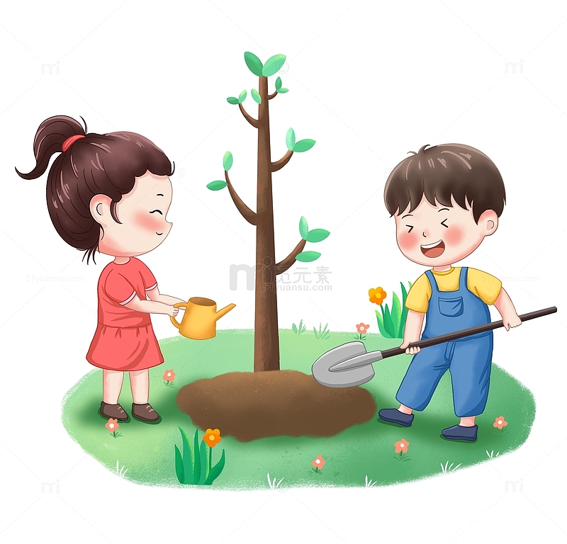 植树节儿童种树小孩浇水挖泥
