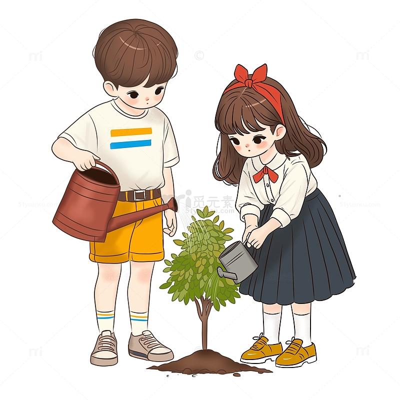 男孩和女孩植树的场景