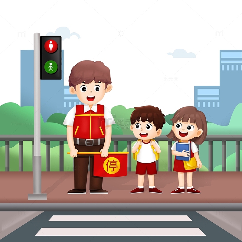 小学生安全教育日等红绿灯过马路