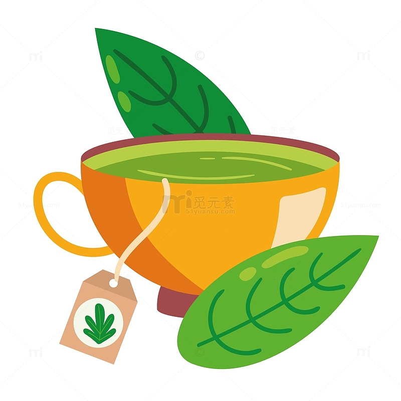卡通绿茶茶包泡茶元素