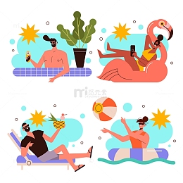清凉夏日海边泳池休闲度假扁平插画