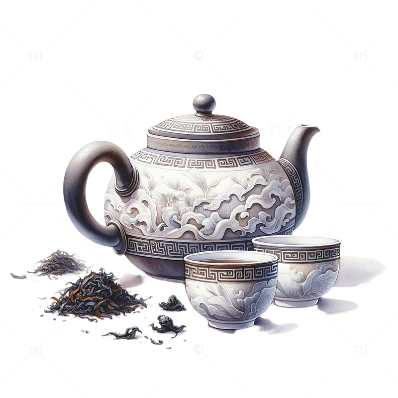 中式雕花茶壶茶杯茶叶素材