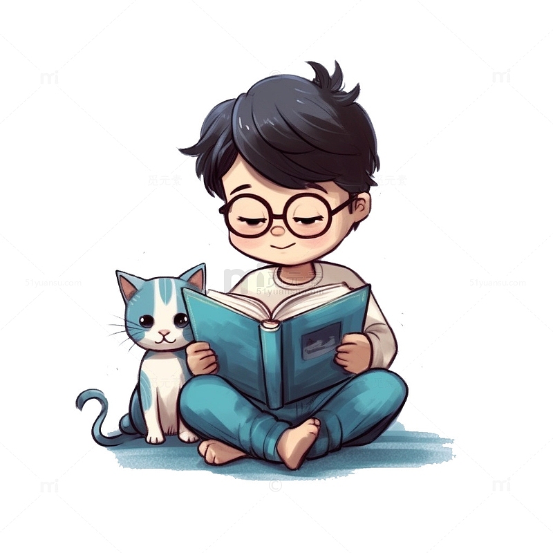 和猫咪一起阅读的男孩