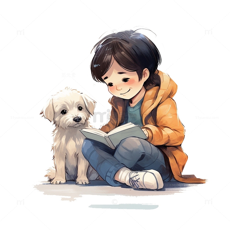 和小狗一起读书的男孩