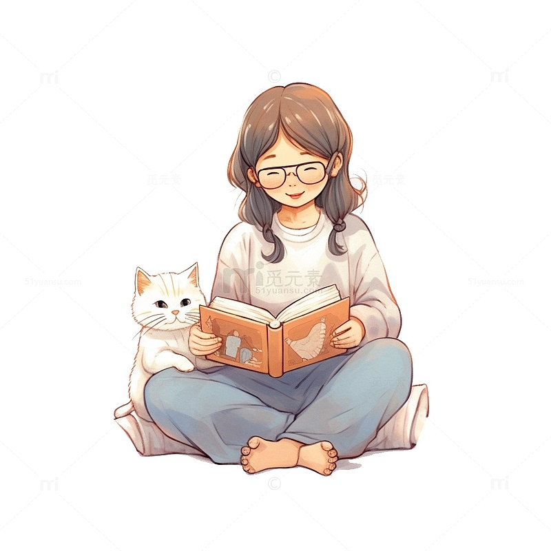 和猫咪一起读书的女生