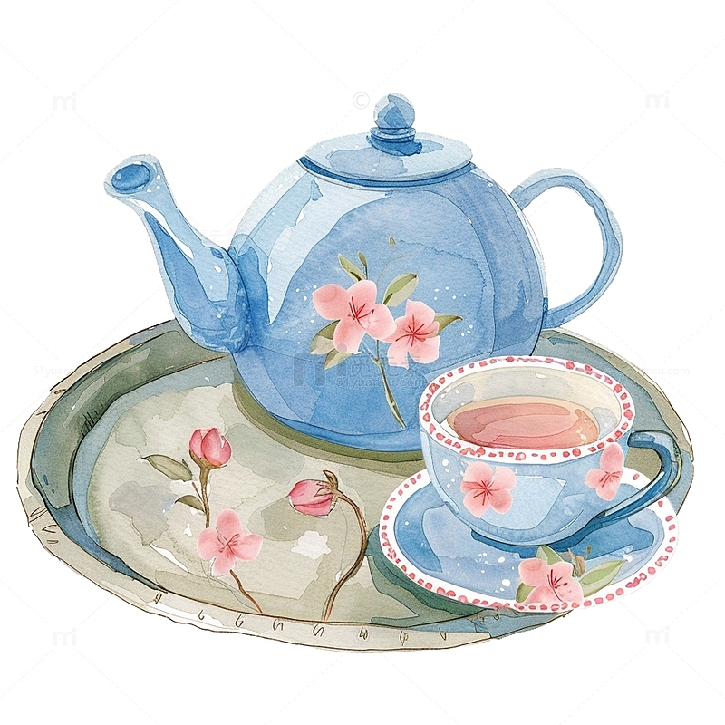 蓝色茶壶水彩风格素材