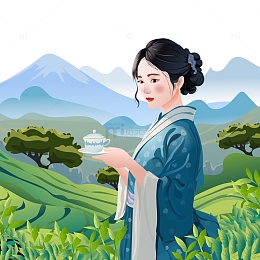 浅蓝色卡通风格创意采茶美女茶园